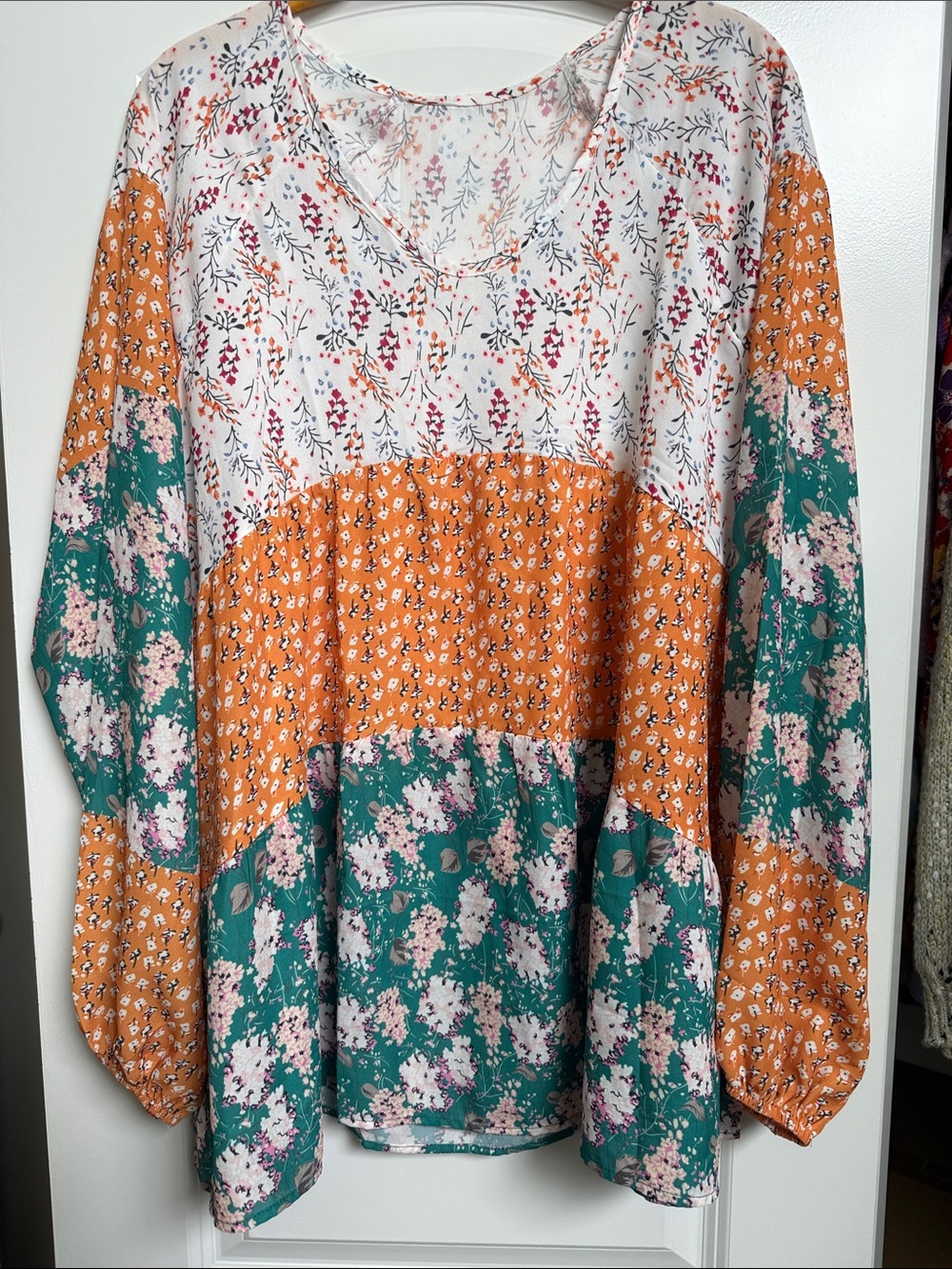 Boho Patchwork Floral Blouse - Orange & Teal